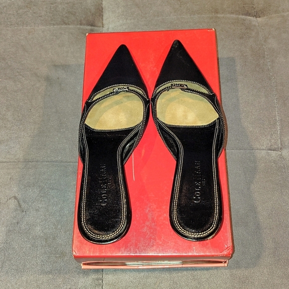 COLE HAAN CITY BLACK LEATHER SLIP-ON MULES POINTED TOE 2½" KITTEN HEELS 6½B - Picture 2 of 14